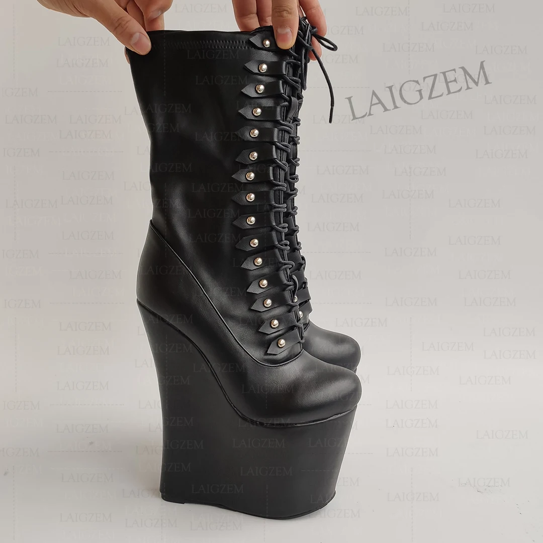 DOHBANER Frauen Wadenhohe Stiefel Full Zip Stiefel Plattform Keile Damen 20 CM High Heels Damen Schuhe Frau Große Größe 39 43 46 47