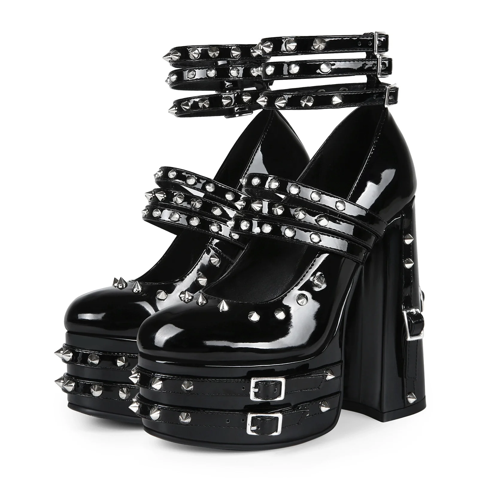 Schwarzes Lackleder Punk Gothic Nieten Plattform Mary Janes Schuhe Hot Girl Dicke Suer High Heels Große Größe 44, Damenschuhe