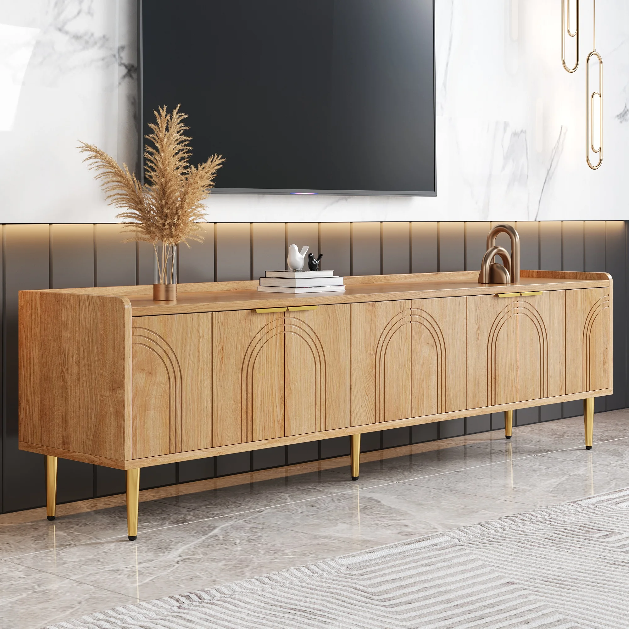 Meuble TV, meuble bas avec porte texturée, meuble TV, poignées dorées et pieds dorés, 170 L x 35 L x 47,5 H (cm)