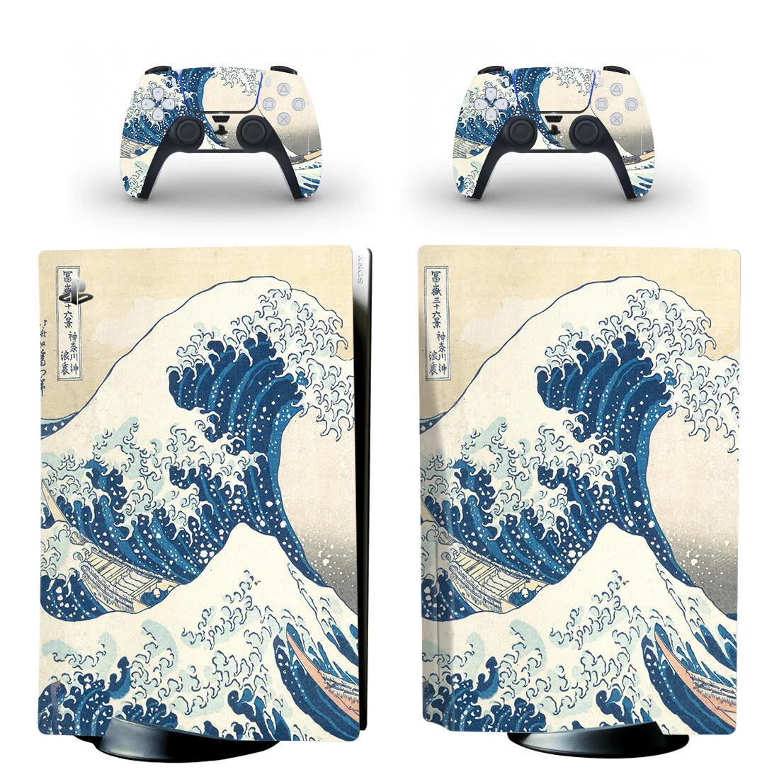 Great Wave PS5 Disc Aufkleber Aufkleber Abdeckung für Konsole und 2 Controller PS5 Disk Skin Vinyl Image