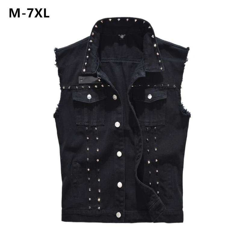 Schwarz Denim Westen Männer Niet Motor Slim Fit Plus Größe 6XL 5XL Punk Ärmellose Hip Hop Männlichen Cowboy Cool Boy Jeans weste Jacke