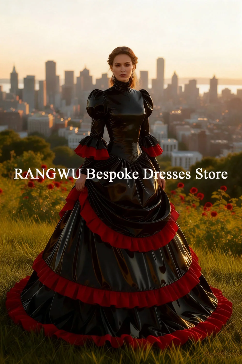 Viktorianisches schwarz-rotes Ballkleid mit langen Ärmeln, Vampir-Gothic-Abendkleid, A-Linie, abgestuftes, leuchtendes formelles Partykleid, individuell gestaltet