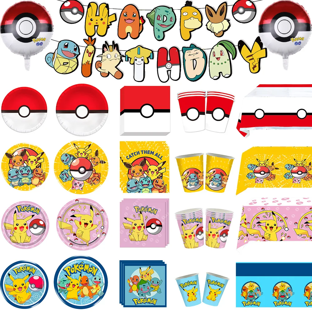 Für Pokemon Thema Geburtstag Party Dekoration 3D Folie Ballons Banner Geschirr Geschenk Taschen Kinder Baby Shower Party Supplies Image