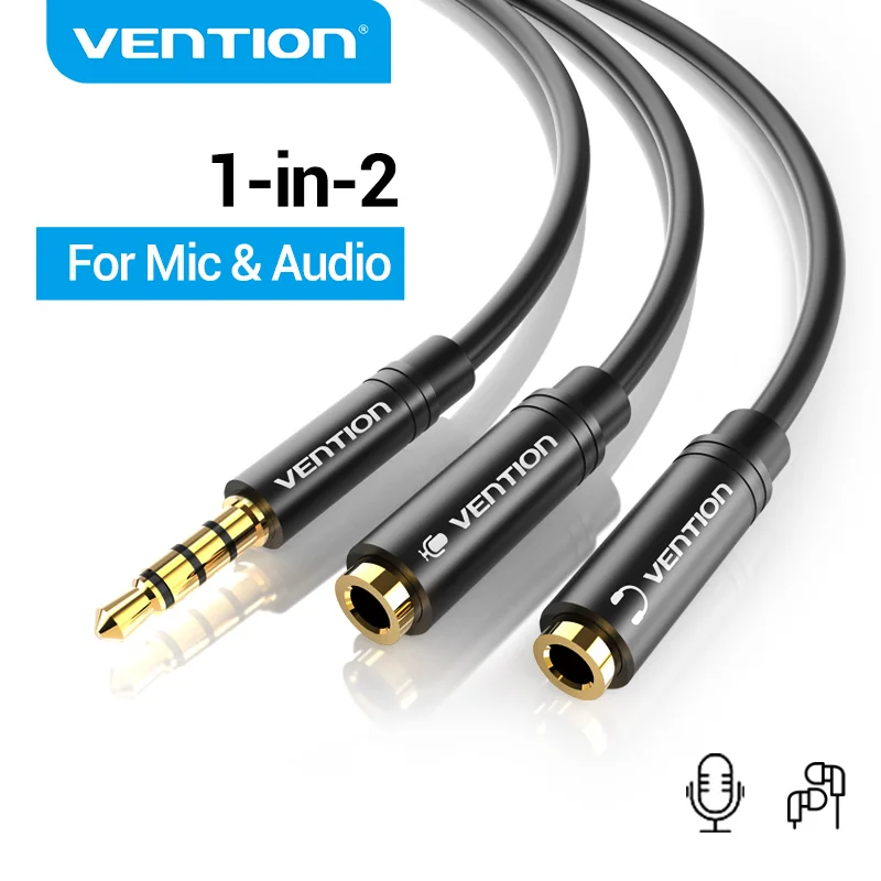 Vention 3,5 mm Audio-Splitter-Verlängerungskabel-Buchse, 3,5 mm, 1 Stecker auf 2 Buchsen, Mikrofon-Y-Splitter für Laptop, Kopfhörer, Aux-Kabel-Adapter Image