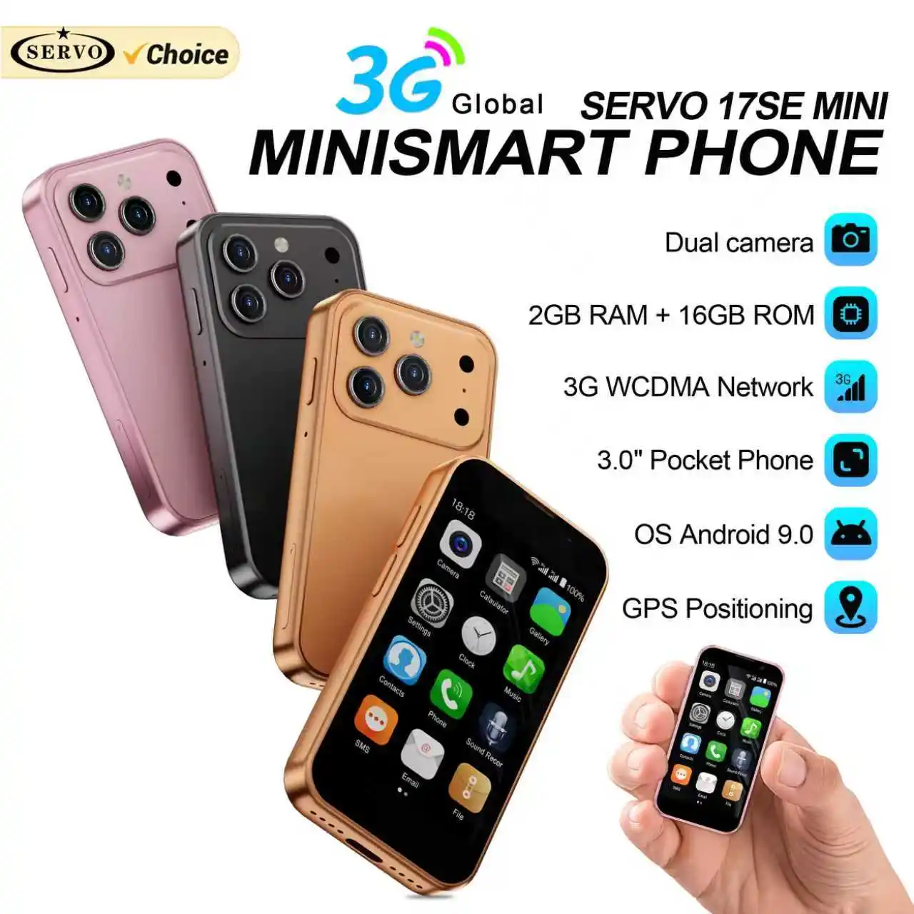 SERVO 17SE MINI 3G Tiny Smartphone Android System Play Store 2 GB + 16 GB WhatsAPP GPS WiFi Dual-SIM-Karte 3,0" kleines Smart-Handy Image