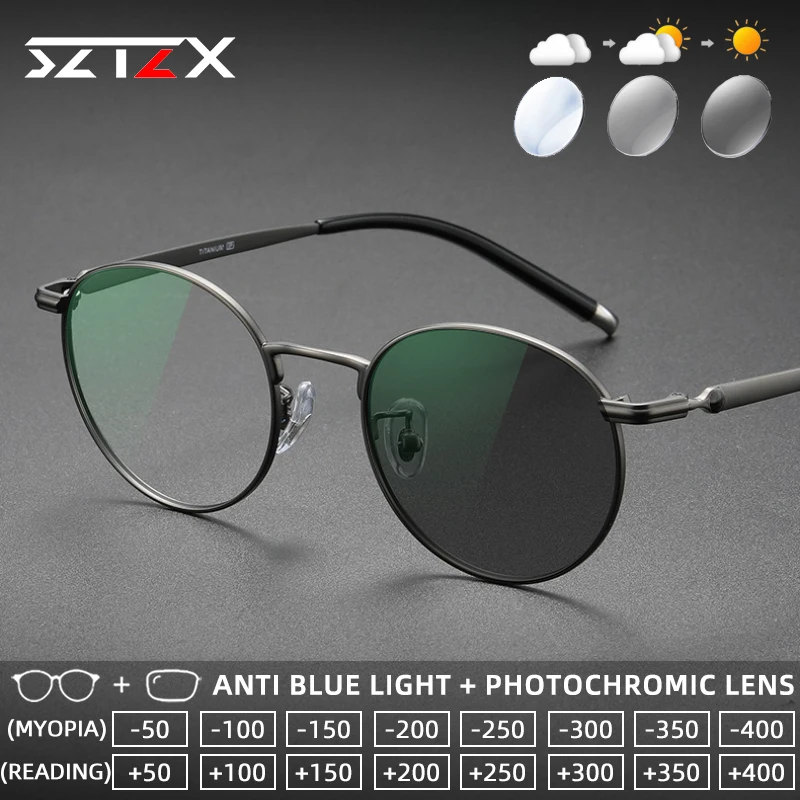 SZTZX Vintage Reines Titan Photochrome Lesebrille Anti Blaues Licht Runde Myopie Brille Progressive Brillen Image