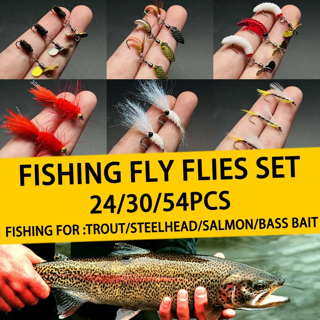 Set da 24-54 pezzi per kit da pesca a mosca alla trota | Kit ninfa da 24 pezzi/set | Kit mosche secche/bagnate con paillettes rotanti da 30 pezzi