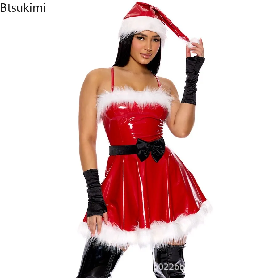 Sexy Rot Weihnachten Kleid Frauen Weihnachten Party Bühne Leistung Kleidung Gothic PU Leder Kleid Weihnachten Neue Jahr Cosplay Kostüme