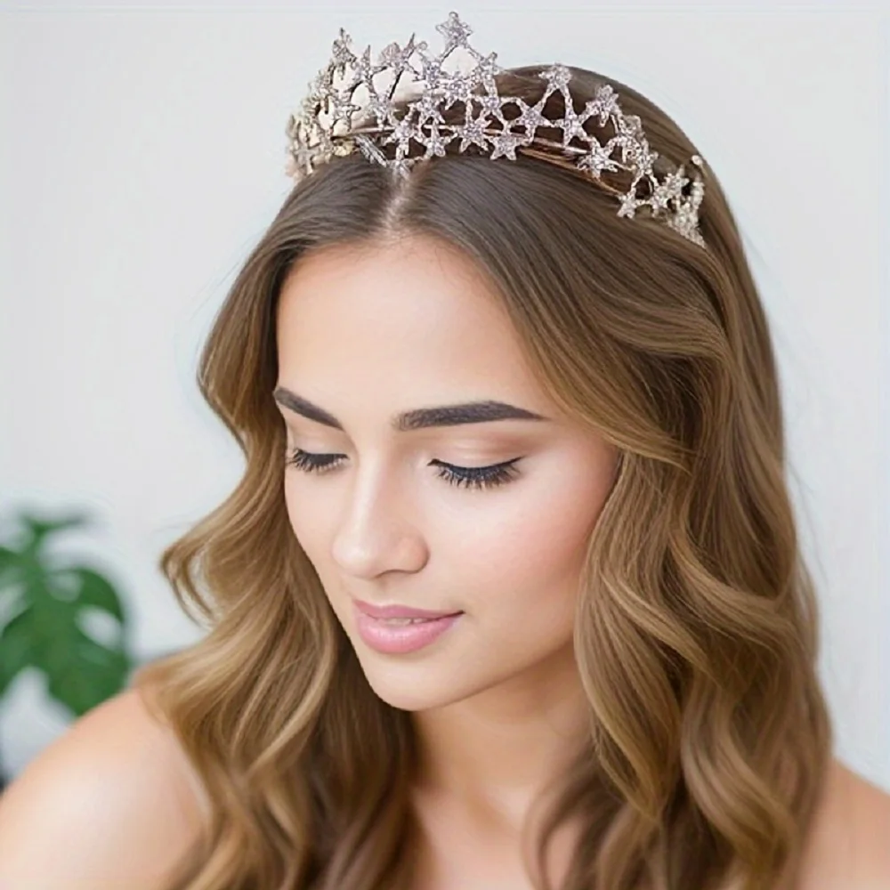 Mode Kristall Strass Sterne Tiaras Und Krone Für Frauen Braut Prinzessin Königin Diademe Hochzeit Haar Zubehör Image