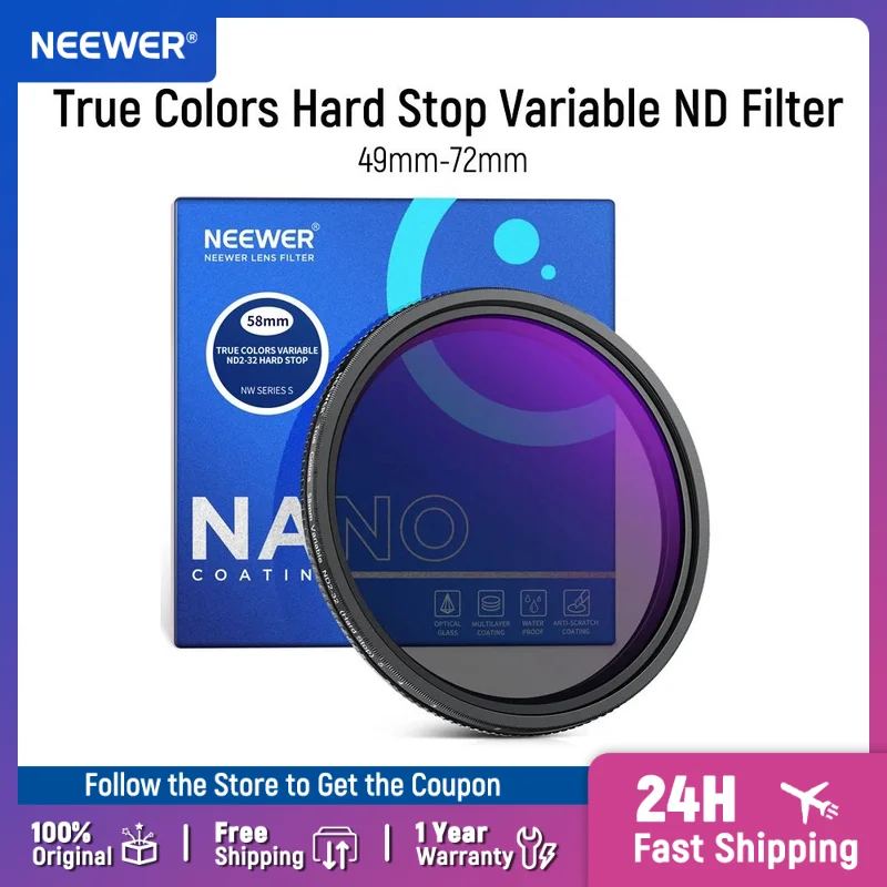 NEEWER 58 mm-82 mm True Colors Hard Stop Variabler ND-Filter ND2-32 Begrenzter Neutraldichtefilter Mehrfachbeschichtetes optisches HD-Glas Image