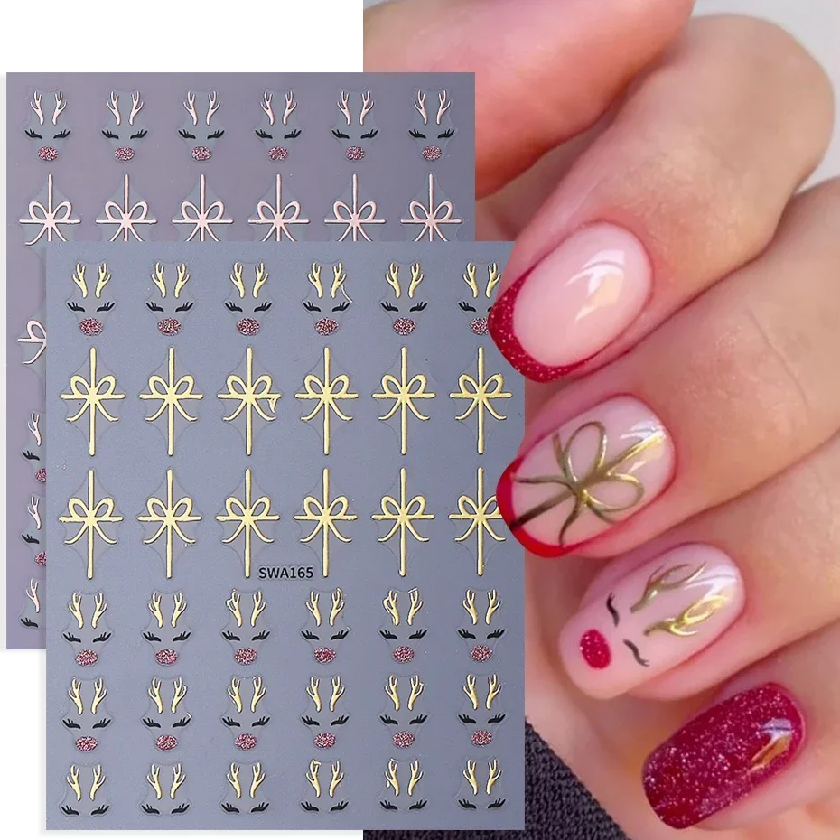 2 stücke Glitter Weihnachten Nail art Aufkleber 3D Elch Schneeflocke Geweih Bogen Nagel Aufkleber DIY Selbst-Kleber Slider winter Maniküre Dekor Image