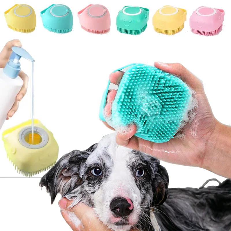 Silikon-Badebürste für Haustiere für Welpen und Hunde, 2-in-1-Badebürste für Haustiere, weicher Silikon-Massage-Shampoo-Spender für Haustiere Image