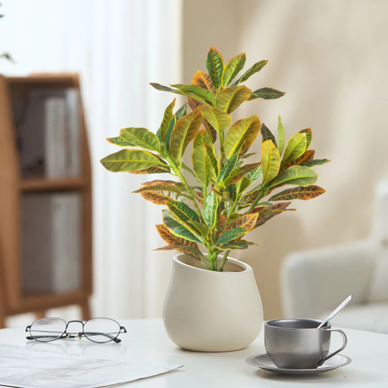 24–41 cm künstliche Pflanzen, gefälschter Ficus-Baum, tropischer Banyan-Baum, kleine Pflanzen, Zweig, Kunststoff-Codiaeum-Blätter für Hausgarten-Dekoration Image