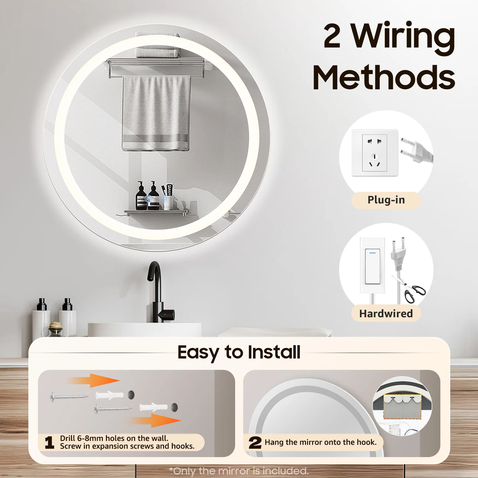 50 cm LED-beleuchteter Badezimmerspiegel, runder Badezimmerspiegel, 3 Farben, dimmbar, mit Lichtern, intelligent