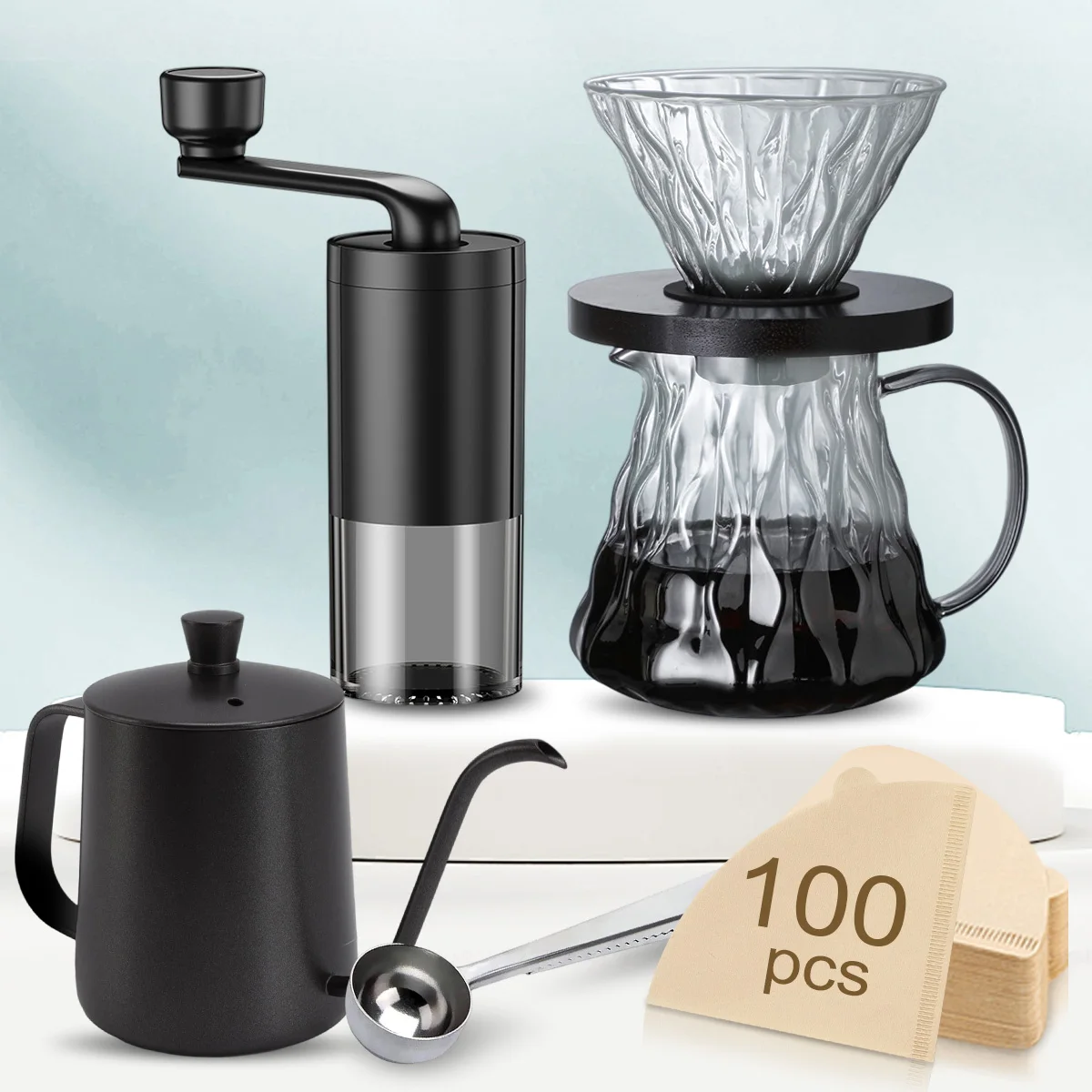 Pour Over Kaffeemaschine, 6er-Set, Pour Over Kaffeekessel, Kaffeemühle, Kaffeekaraffe und Tropf aus Glas, Löffel, Filterpapier Image