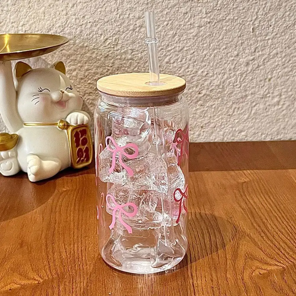 500 ml Rosa Schleife Plastikbecher Transparente Milchkaffeetasse mit Strohhalm 2025 Neues Mädchen Niedlicher und modischer Trinkbecher Image