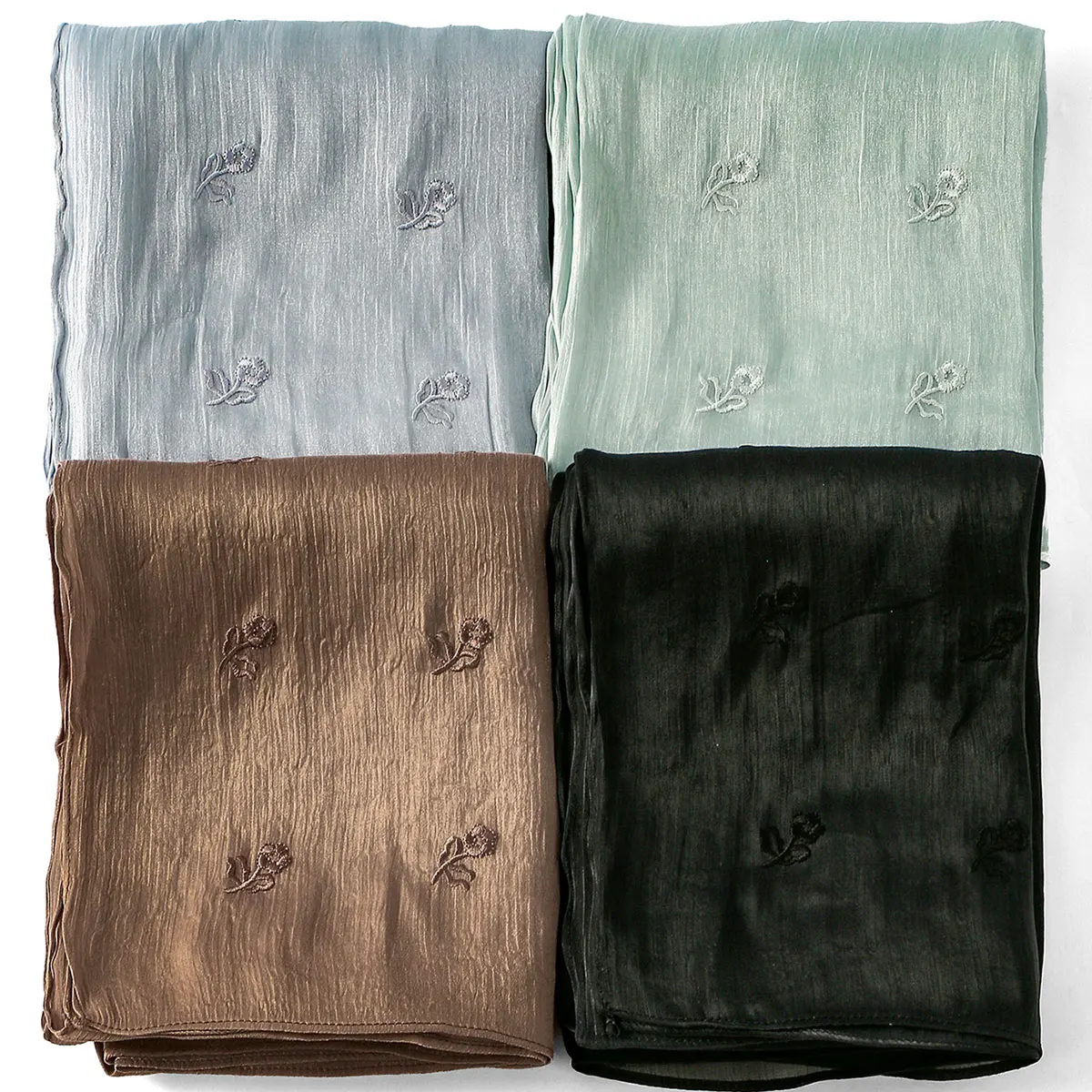 Mode Stickerei Seide Crinkle Hijab Schal Frauen Schimmer Schals Plain Muslimische Frauen Hijabs Islam Turban Plissee Schal Ramadan Image