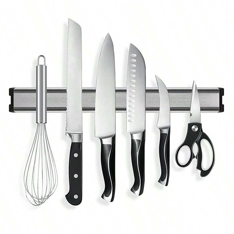 1Pc Aluminum Alloy Magnetic Wall-Mounted Knife Holder Durable Metal Kitchen Knife Rack Hole-Free Storage Rack Powerful Magnets Space-Saving Design Easy Access and Cleaning Perfect for Kitchen and Dining