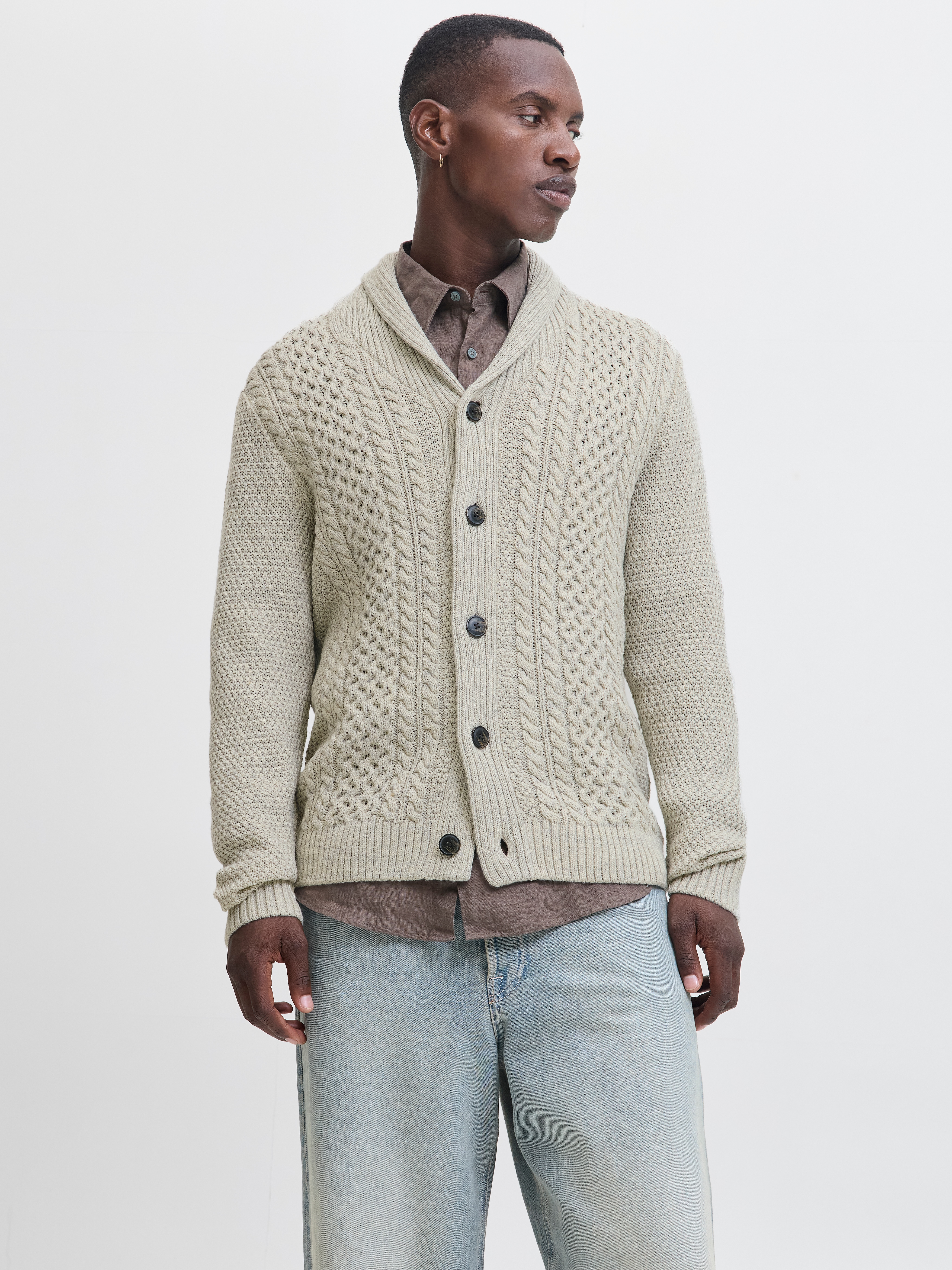 Strickpullover JACK & JONES "JJPAUL KNIT SHAWL CARDIGAN", Herren, Gr. XL, weiß melange, Strick, Obermaterial: 82% Polyacryl, 18% Baumwolle, meliert, regular fit normal, Pullover Strickpullover
