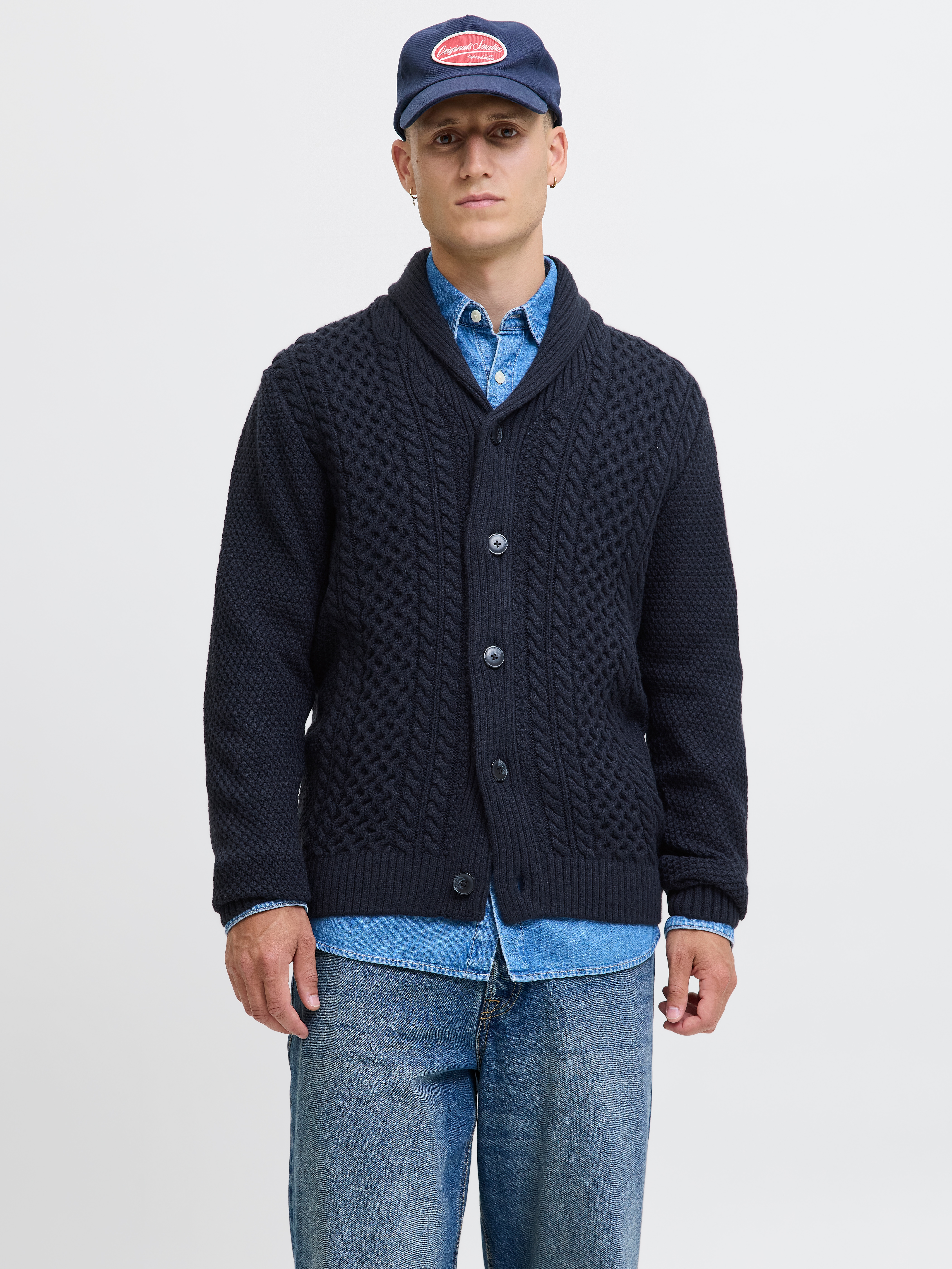Strickpullover JACK & JONES "JJPAUL KNIT SHAWL CARDIGAN", Herren, Gr. S, sky captain, Strick, Obermaterial: 82% Polyacryl, 18% Baumwolle, unifarben, regular fit normal, Pullover Strickpullover