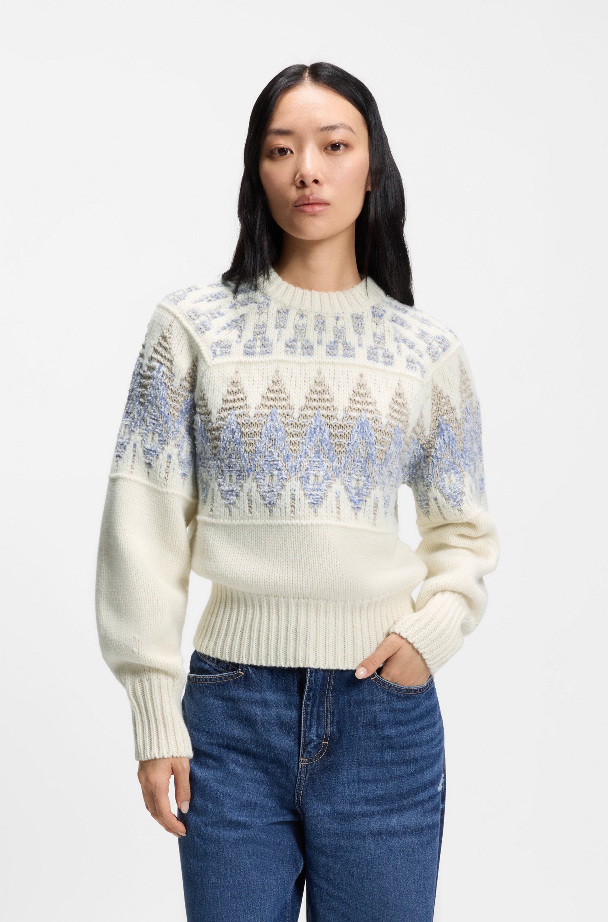 Strickpullover BOSS ORANGE "Farombo Premium Damenmode", Damen, Gr. L (40), open miscellaneous 962, Strick, Obermaterial: 35% Wolle, 28% Schurwolle, 22% Polyamid, 15% Baumwolle, gemustert, normal, Rundhals, Rippstrickbündchen, Pullover...