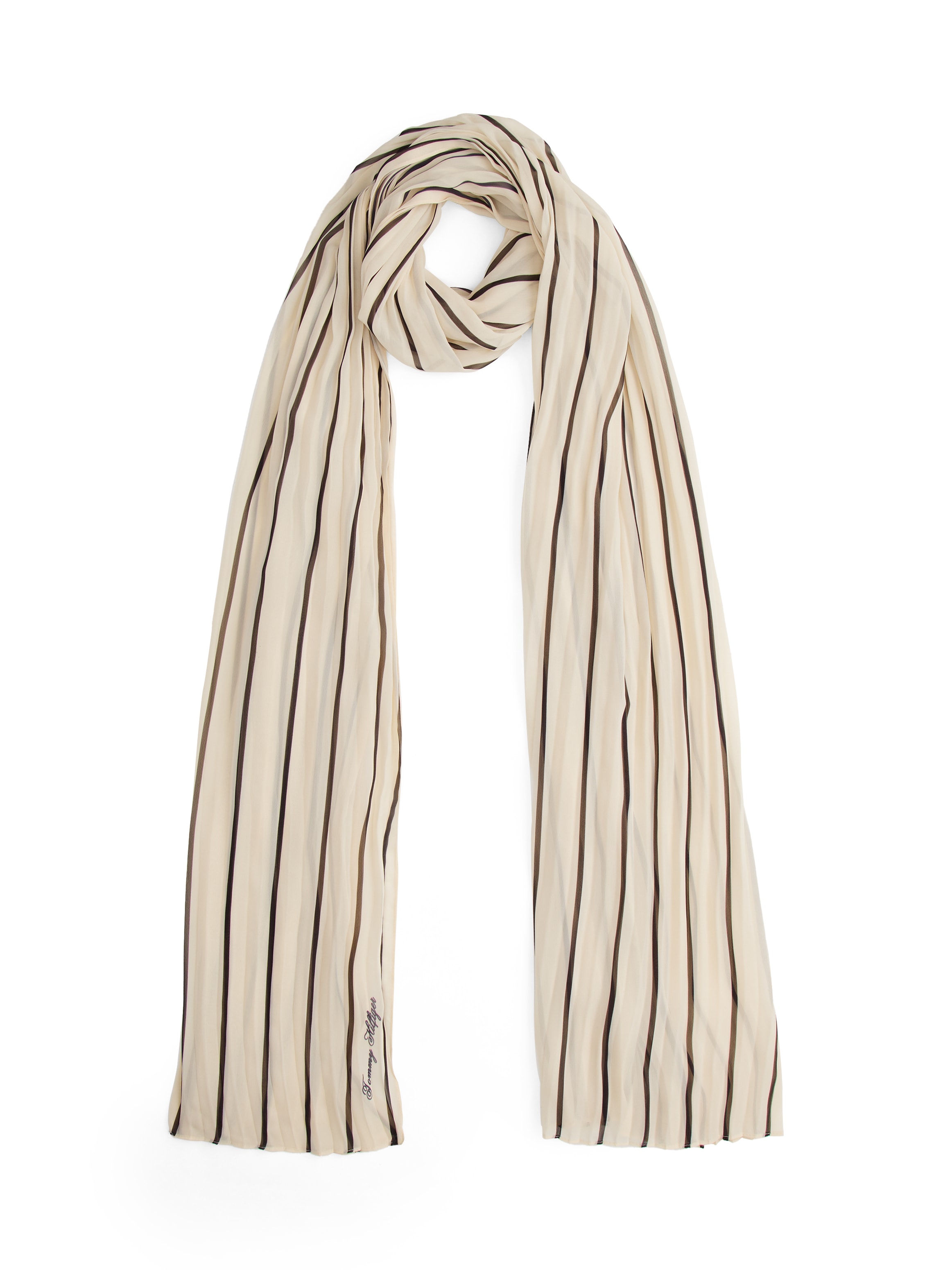 Modeschal TOMMY HILFIGER "TOMMY SCRIPT CHIFFON", Damen, soft cream, Web, Polyester, Modetücher, mit Streifen