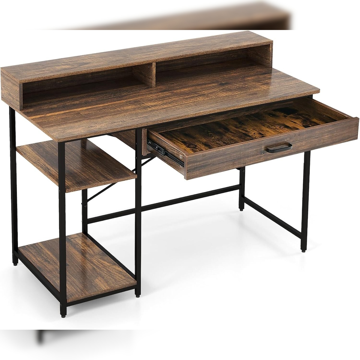 COSTWAY Schreibtisch mit Schublade, Monitorständer & 2 offenen Regalen, Computertisch mit Metallrahmen, PC-Tisch, Bürotisch Image
