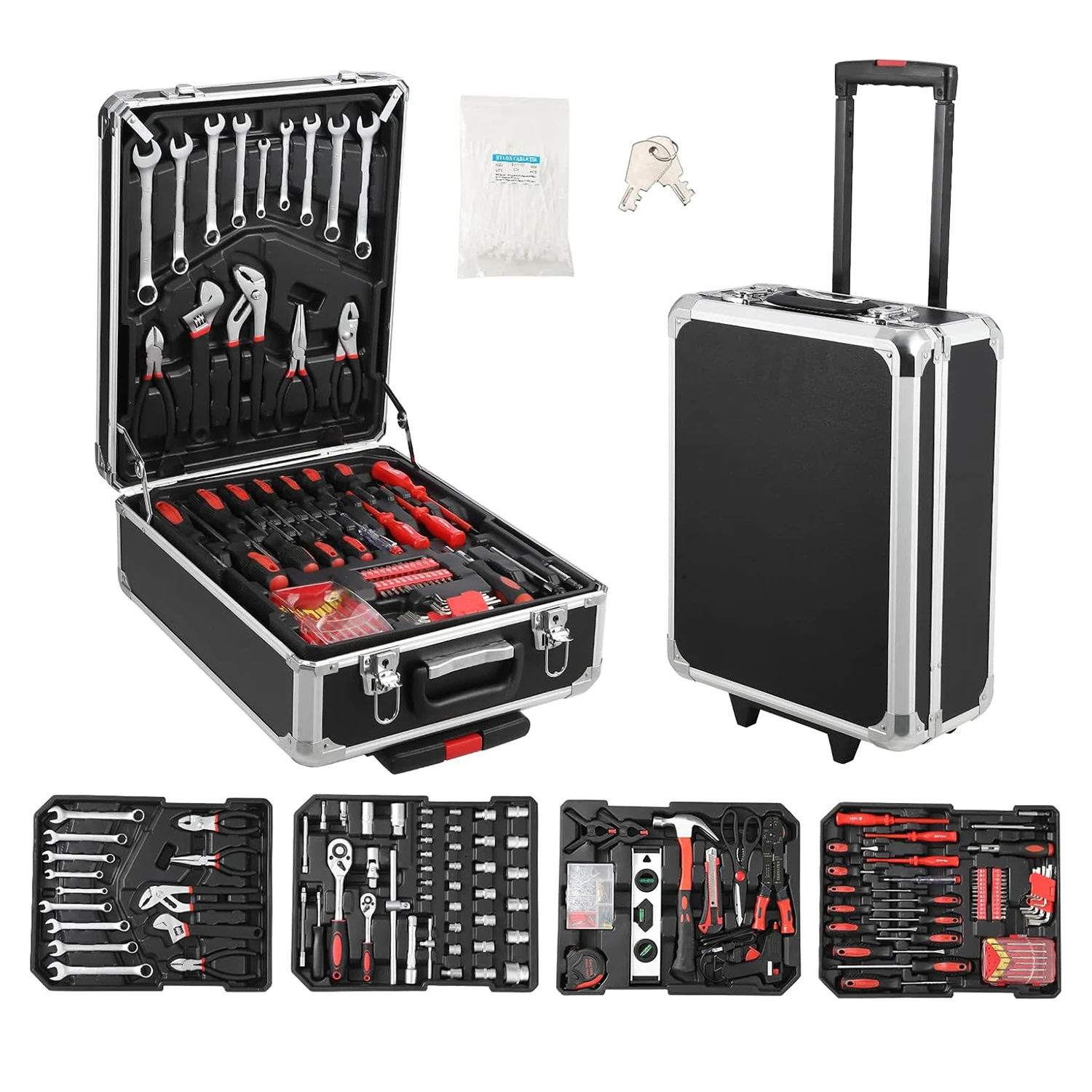 Kit d'outils 800 pièces, boîtier de chariot en aluminium, ensemble d'outils, clé à douille, ensemble d'outils manuels, Kit de réparation de maison, ensemble d'outils manuels ménagers