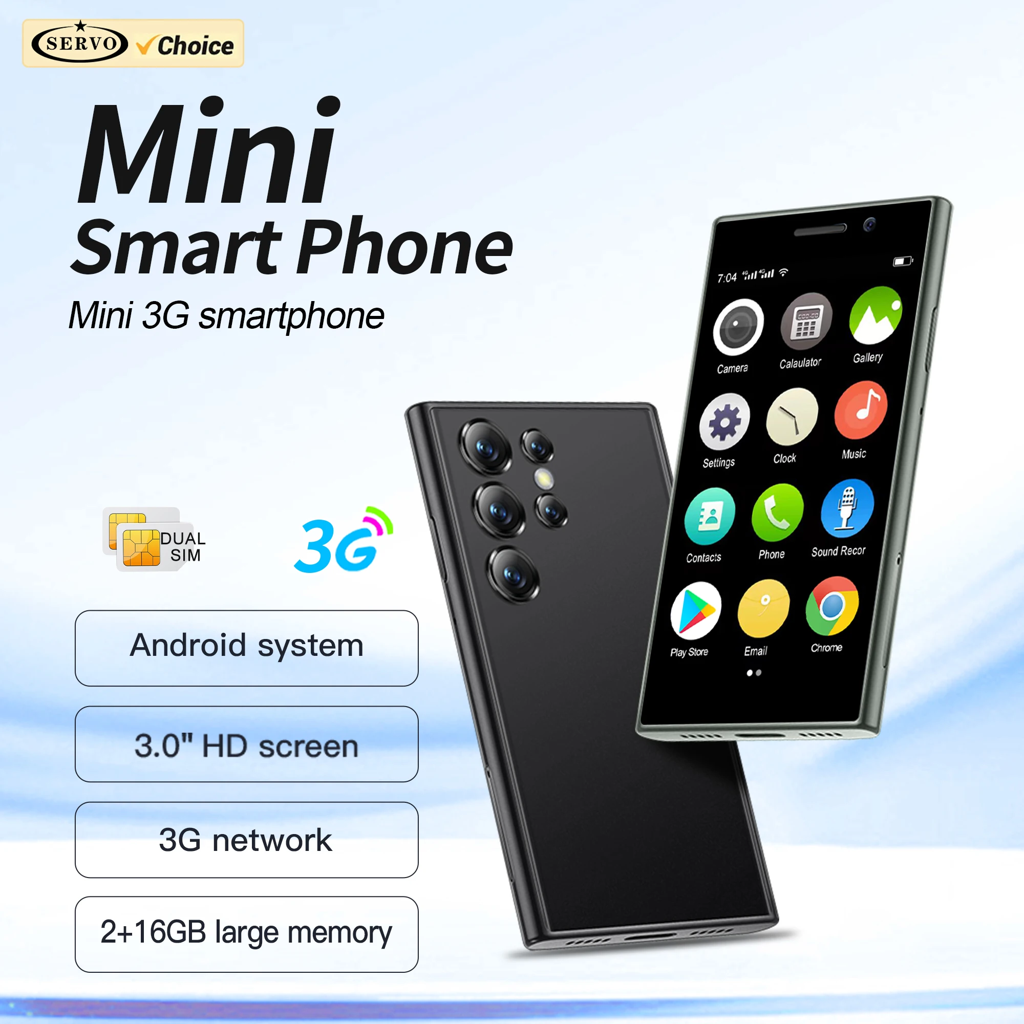SERVO S26 Mini 3G Smartphone Android 9.0 System 2 SIM-Karten 2 GB + 16 GB Play Store Face Unlock WiFi Hotspot 3,0 Zoll kleine Smartphones Image