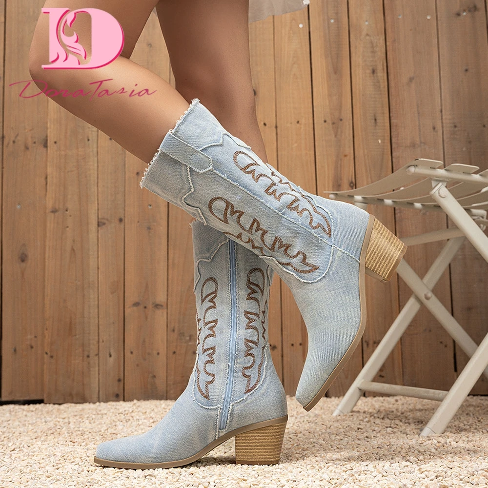 Neue Mode spitzen Zehen klobigen Absatz Frauen Western Denim Stiefel große Größe 42 solide prägnante Stickerei Herbst/Winter Schuhe Frau