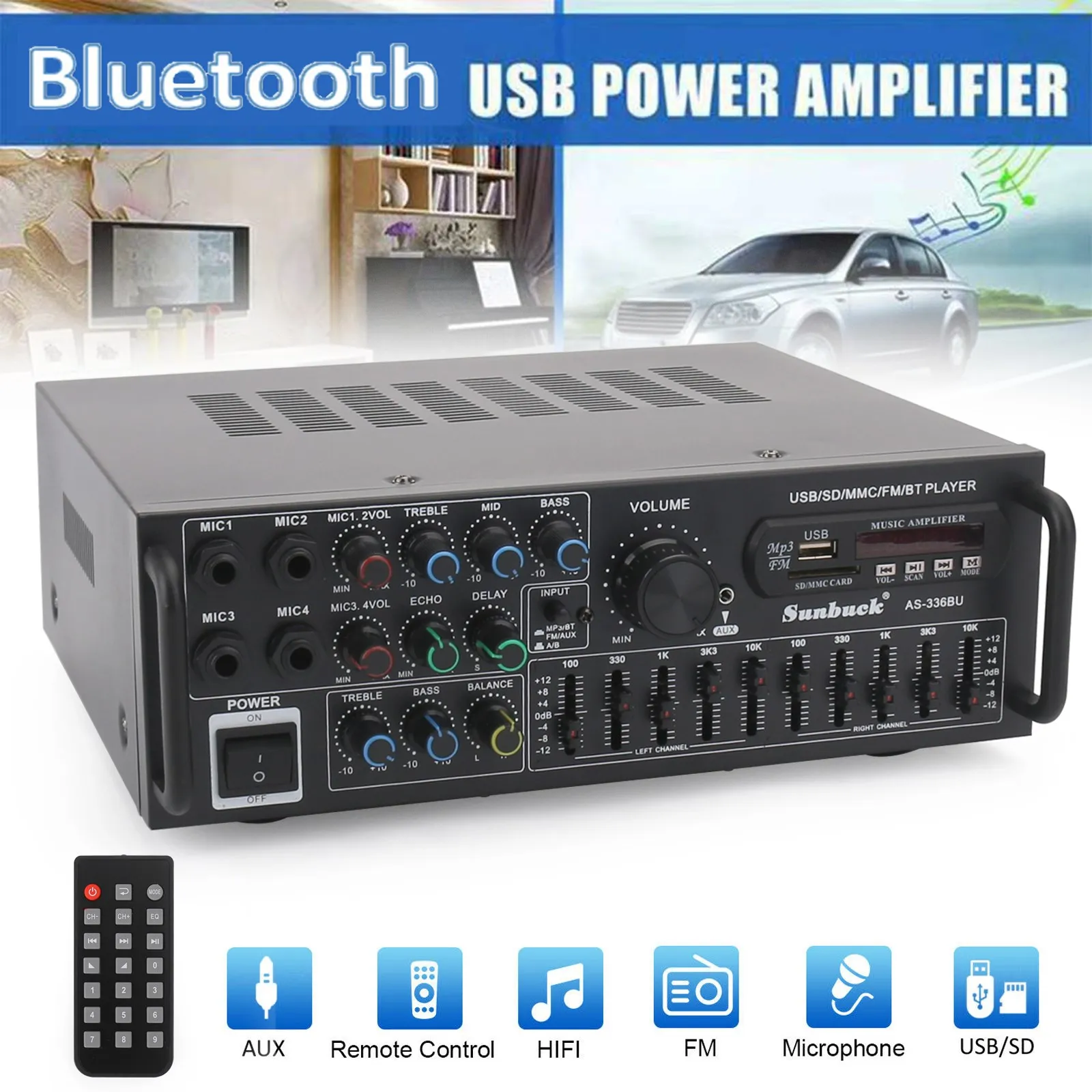 Artudatech Bluetooth 5.0 HiFi Sunbuck 2000W Stereo-Leistungsverstärker Karaoke FM USB SD AUX Image