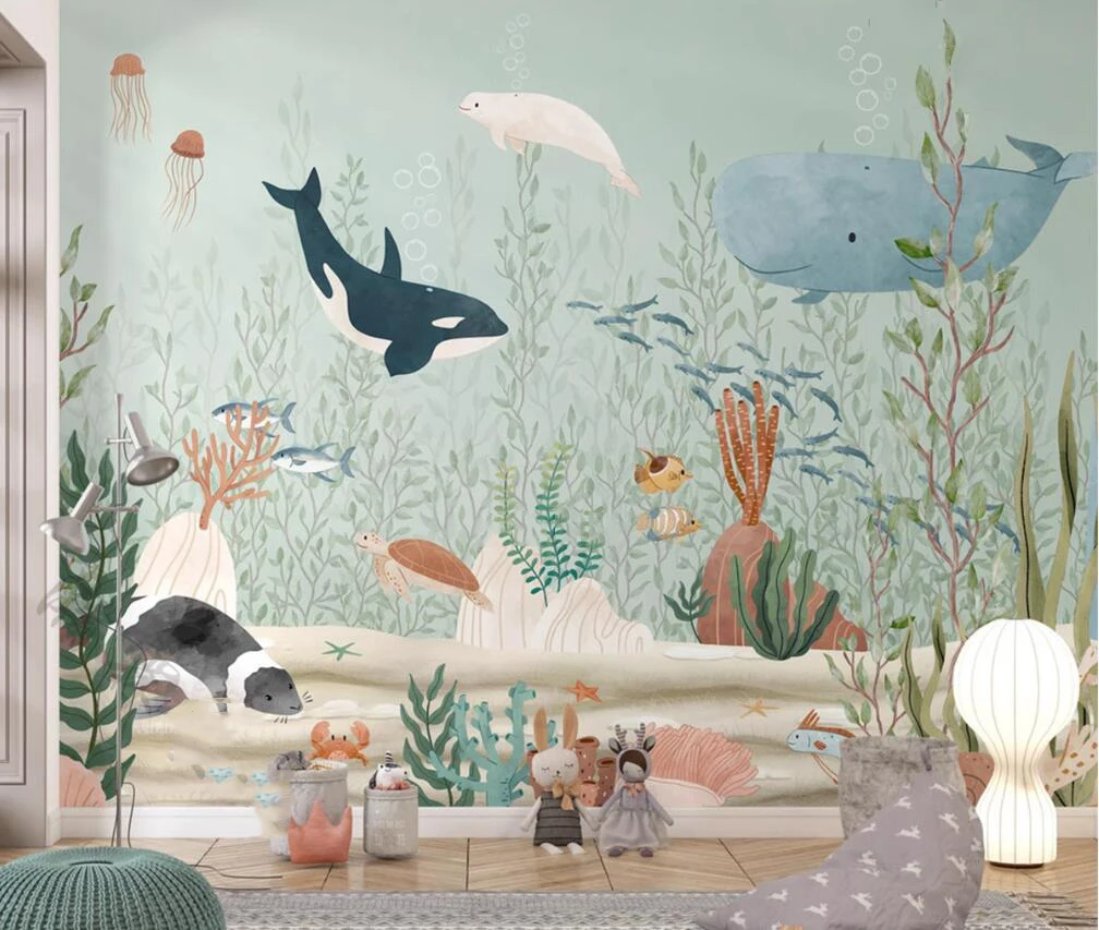 Nordic handgemalte Unterwasserwelt Qualle Wal Kinderzimmer Ozeanarium Hintergrund Wand individuelle Tapete Wandbild