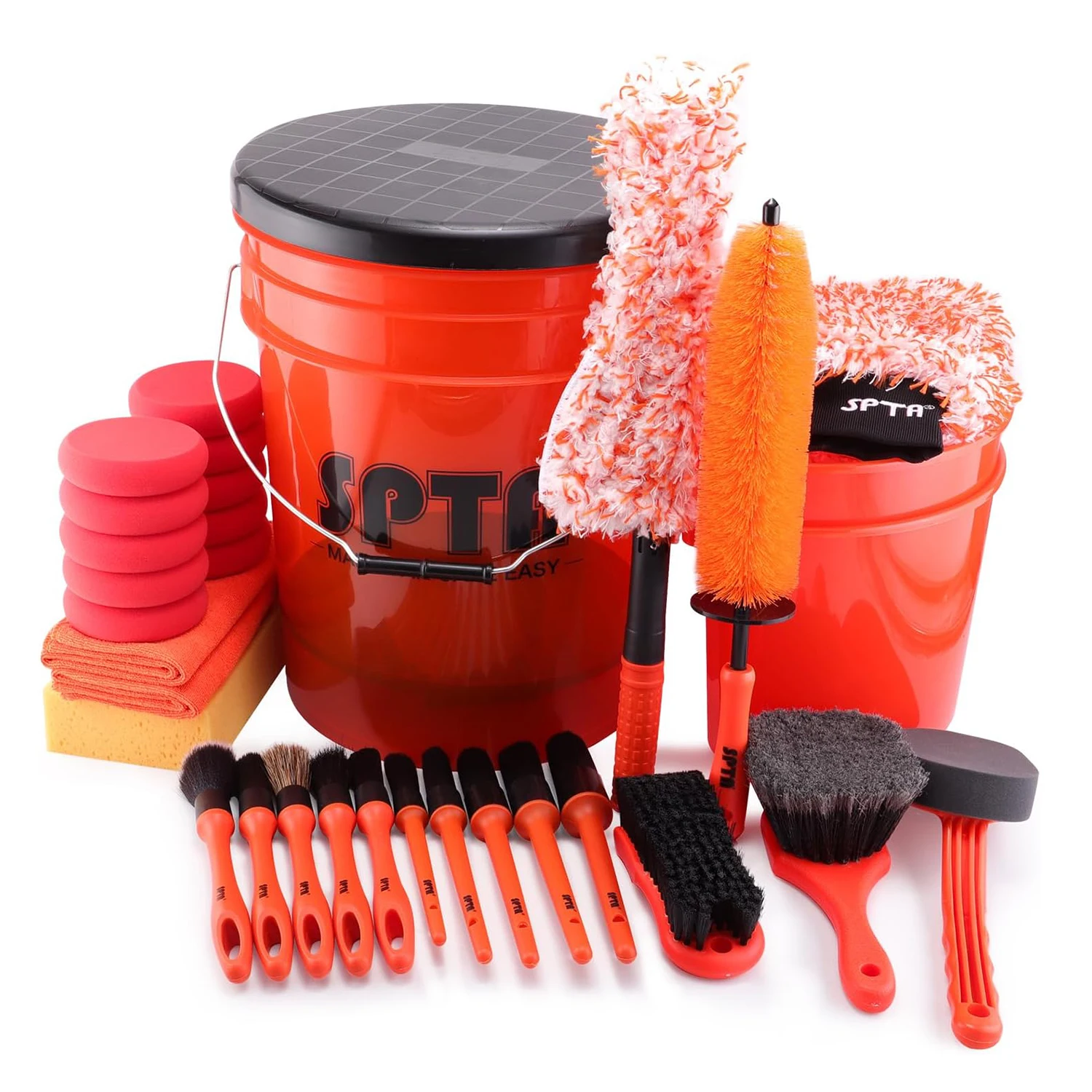 SPTA 33-teiliges Autowasch-Set, 20 l, mit Autowaschfilter, Waschhandschuh, Schwamm, Handtücher, Reifendetaillierungsbürsten, außen, innen, sauber Image