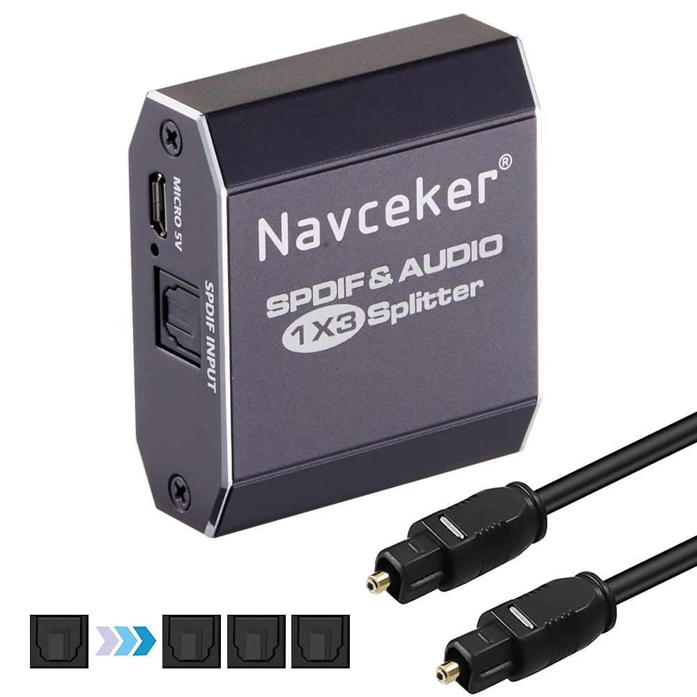 2023 Bester 1x3 Toslink Spdif optischer digitaler Audio-Splitter, ein Eingang, 3 Ausgänge, unterstützt LPCM 2.0 DTS AC3 mit optischem Kabel Image