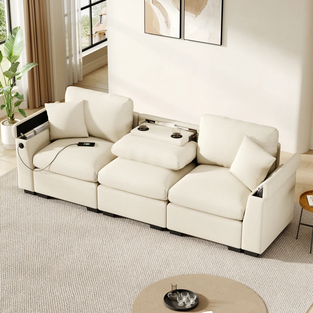 3-Sitzer-Chenille-Sofa für das Wohnzimmer, Stoffsofa mit Kissen, Klapptisch und USB-Anschluss, Getränkehalter und Stauraum