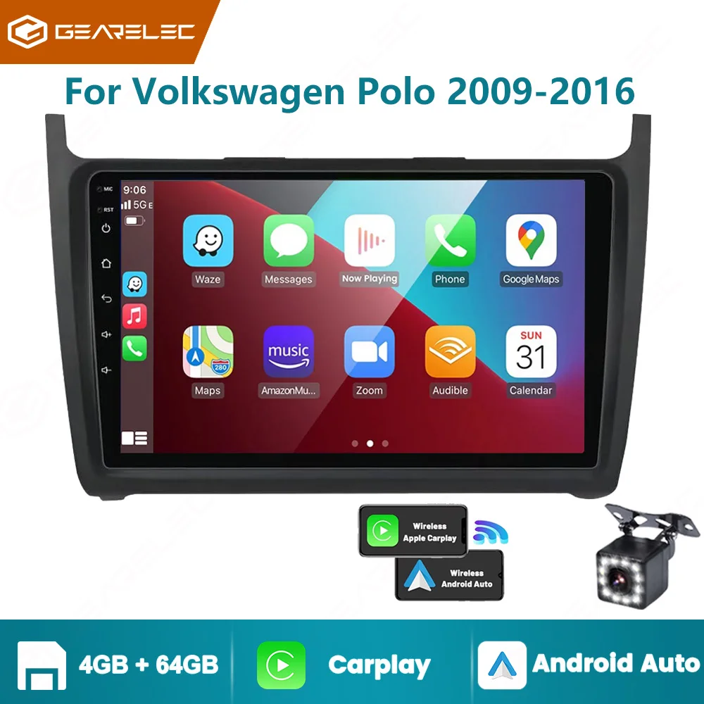 GEARELEC Drahtlose CarPlay Android Auto Radio für Für Volkswagen VW Polo 2009-2016 9 "Auto Multimedia Player Bluetooth GPS FM WiFi Auto Stereo Image