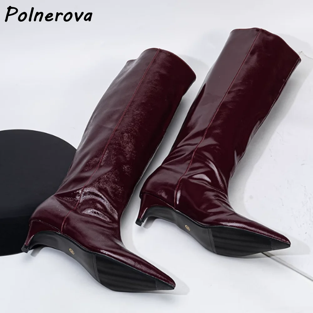 Burgunderrote Stiefel mit Kitten-Heels, spitzer Zehenbereich, Leder, elegante Slip-On-Stiefel, solide kniehohe Stiefel, Winter-Damen-Freizeit-warme All-Match-Schuhe