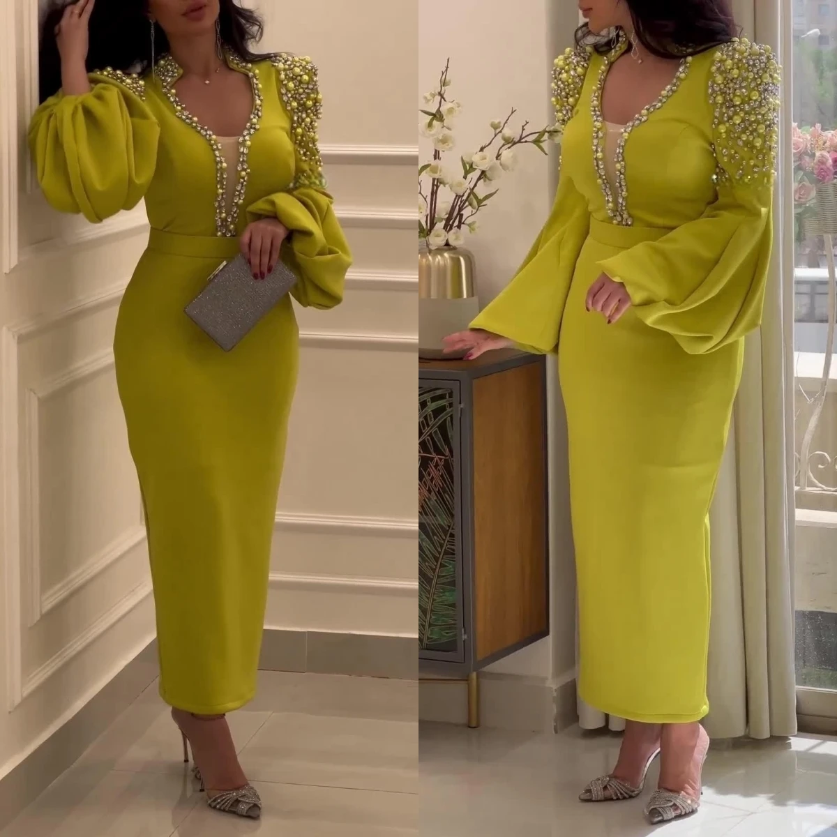 Santorini Ankle Length Prom Dresses for Women Pearls Long Sleeves Birthday Party Evening Formal Occasion Gowns Customized