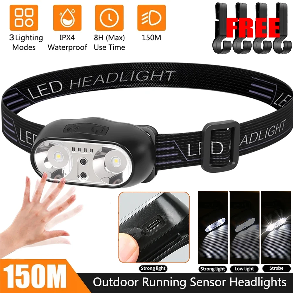 Tragbarer XPE + LED-Scheinwerfer mit Bewegungsmelder, wiederaufladbare Stirnlampe, Taschenlampe, Frontlicht für Camping, Wandern, Notfall-Laternen-Taschenlampe Image