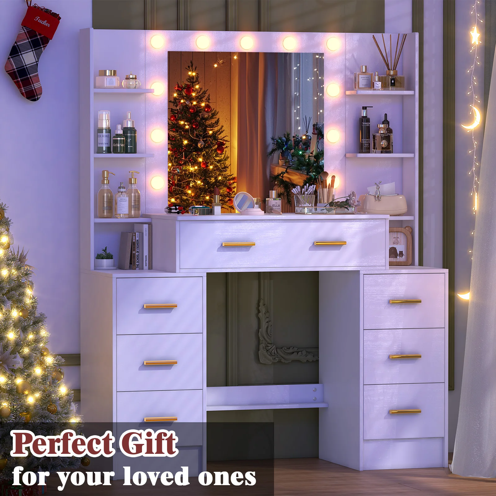 NEU 110 cm Schminktisch, Schminkspiegel, Schminktisch, Schminktisch mit/7 Schubladen und goldenem Griff Image