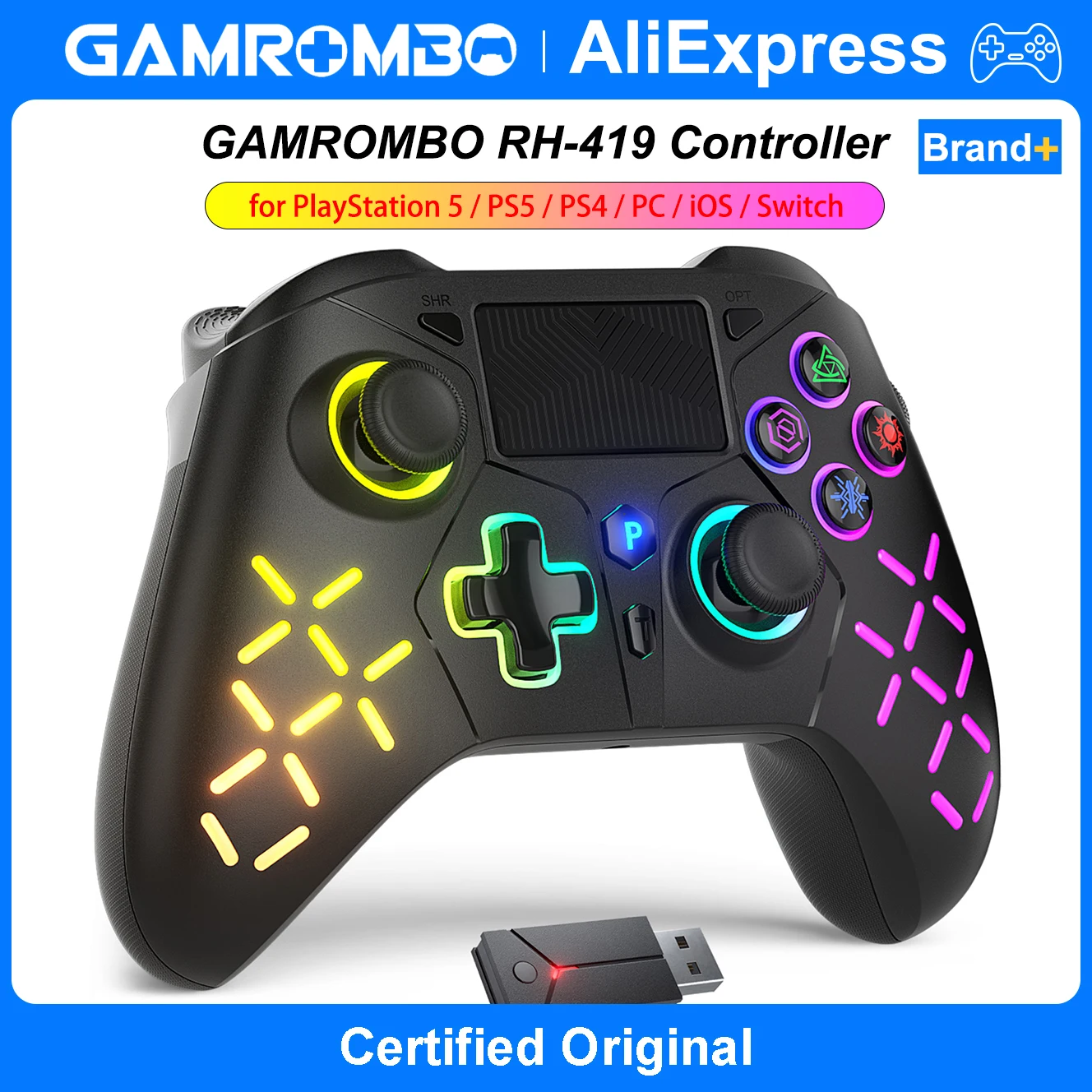 LED-Wireless-Controller für PS5/PS5 Pro/Slim/PS4/PS3/Windows, Dual-Vibrations-Gamepad mit Marco/Turbo-Funktion, 3,5-mm-Kopfhöreranschluss Image