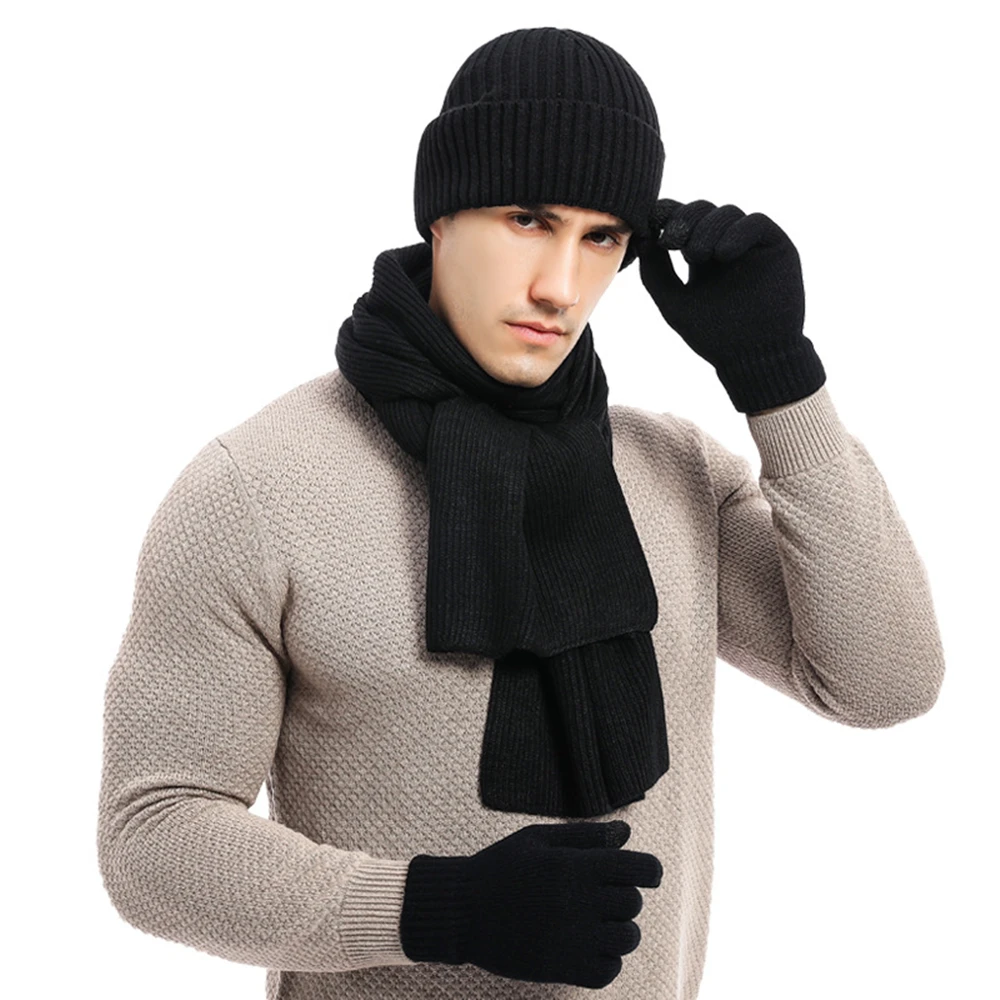 Autunno Inverno da uomo Tenere al caldo Set Beanie Guanti Sciarpa Maschio Filato di lana lavorato a maglia Silenziatore Primavera Autunno Cappello Tinta unita Fazzoletto da collo