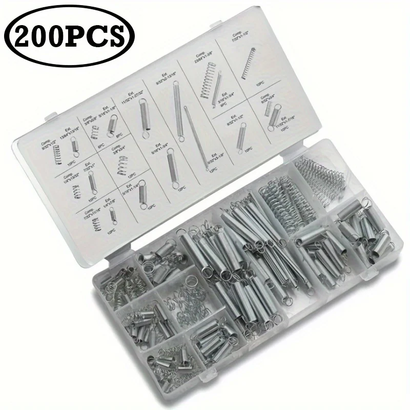 Set di molle in acciaio metallico con molla di compressione da 200 pezzi - Molle di compressione e tensione con custodia in plastica portatile