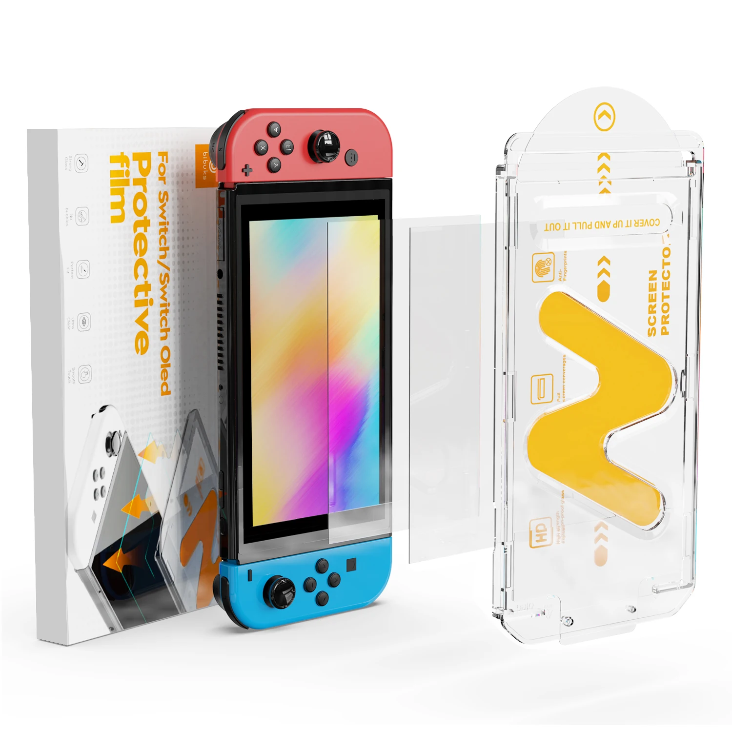 Displayschutzfolie aus gehärtetem Glas für NS Switch/OLED – mit automatischem Ausrichtungsset, 9H Härte, HD, klar, blasenfrei Image