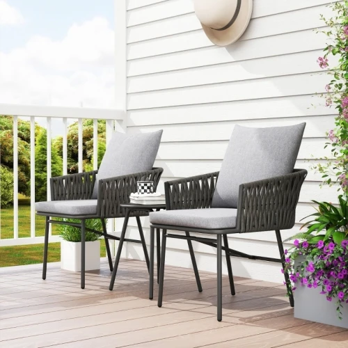 Ensemble bistro 3 pièces en rotin, groupe de sièges, ensemble de meubles de jardin avec 2 chaises, ensemble de meubles de balcon pour jardin, terrasse, acier, gris