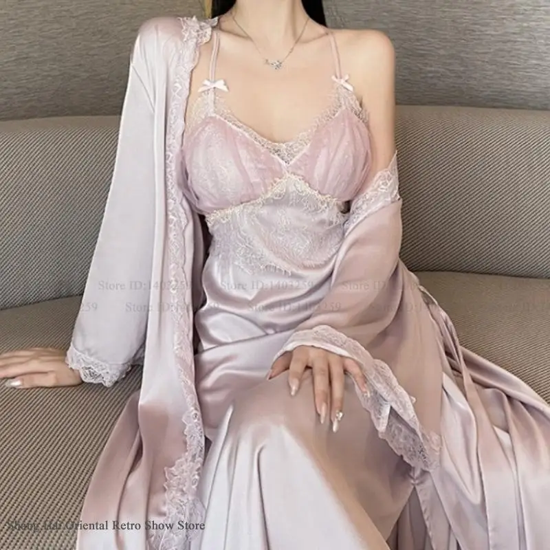 Weibliche Lange Robe Nachthemd 2PCS Set Sexy Patchwork Spitze Nacht Kleid Homewear Bademantel Frühling Sommer Neue Nachtwäsche Loungewear Image