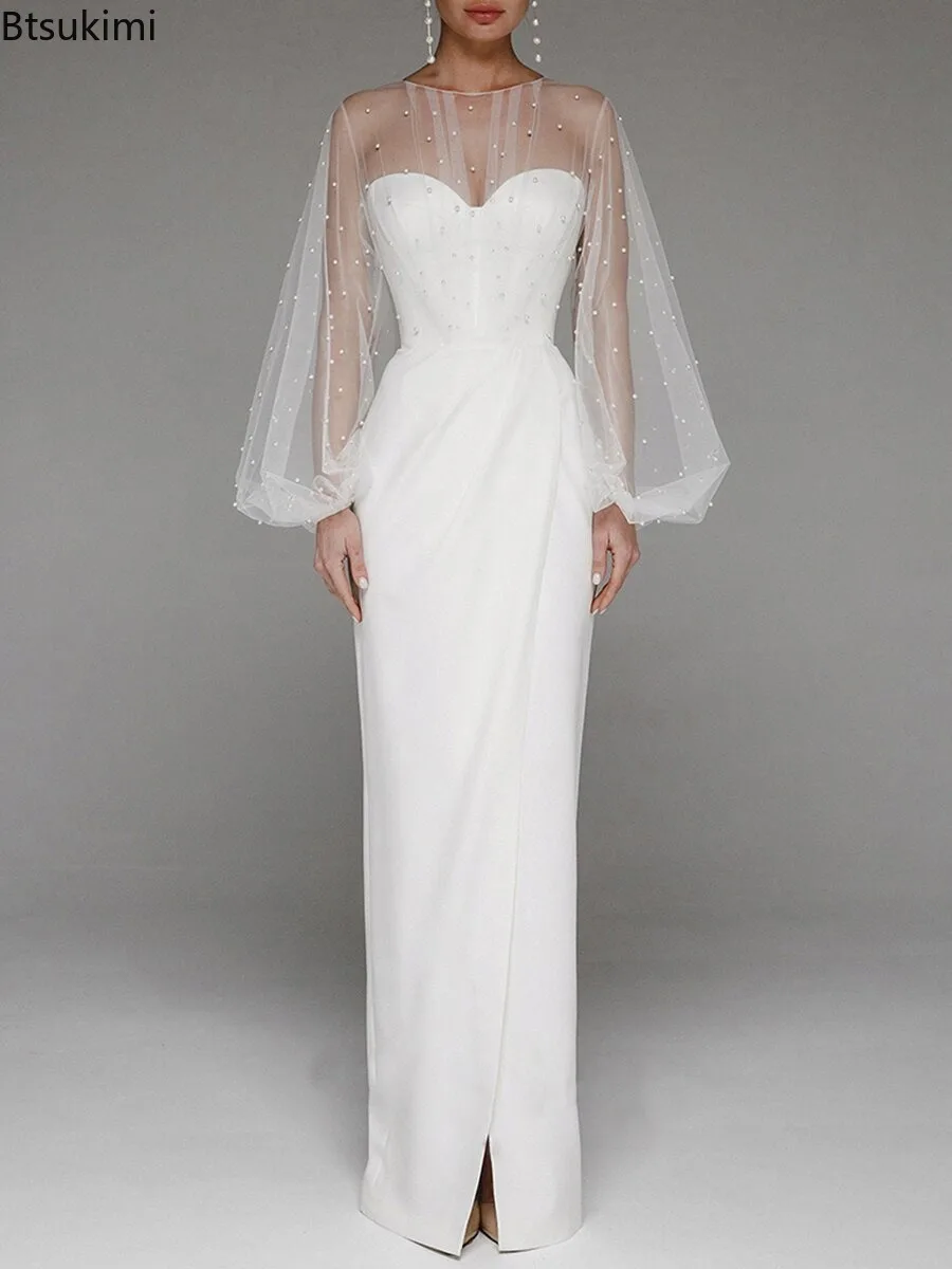 Neue Damen Sexy Perle Weiß Mesh Ärmel Kleid Bankett Sexy Elegante Frauen Abend Party Maxikleid Club Hochzeit Brautjungfer Kleid