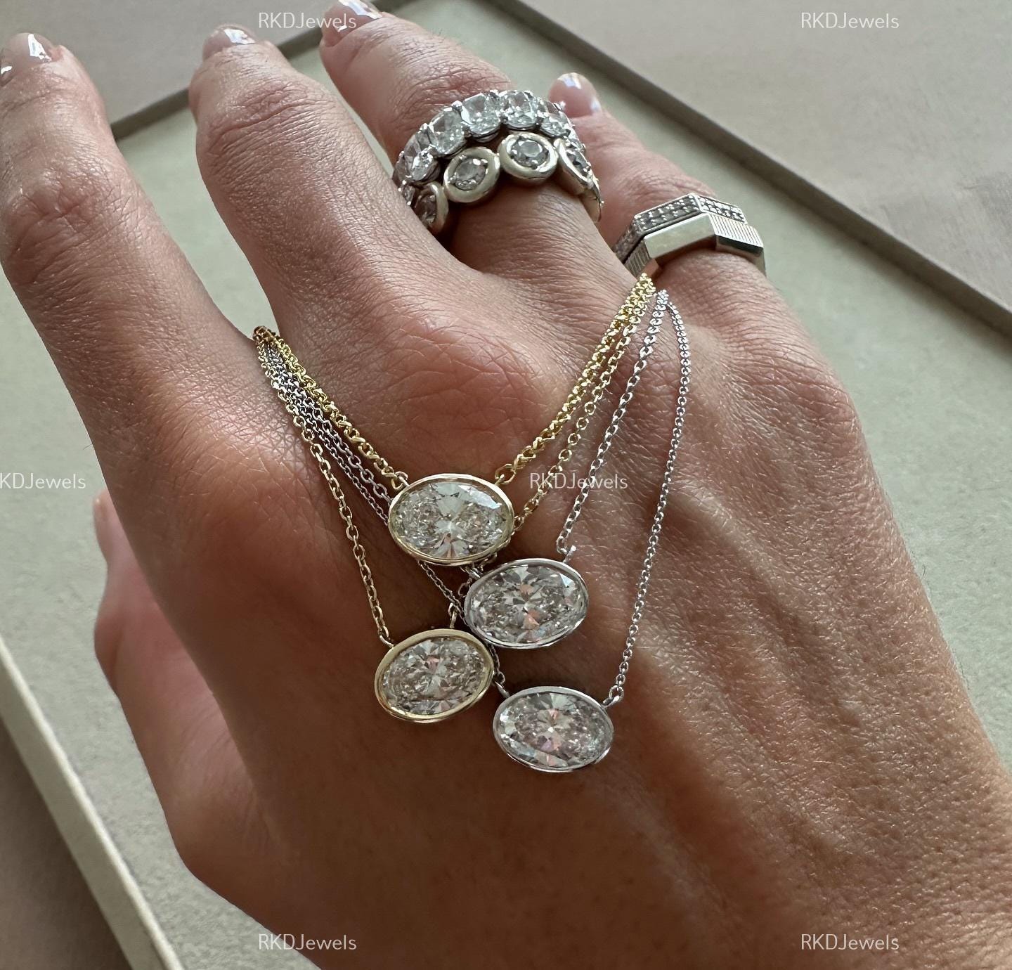 Collana con diamanti East West, incastonatura a castone, collana ovale con moissanite da 2,50 ct, collana con moissanite taglio ovale, oro giallo 14k,