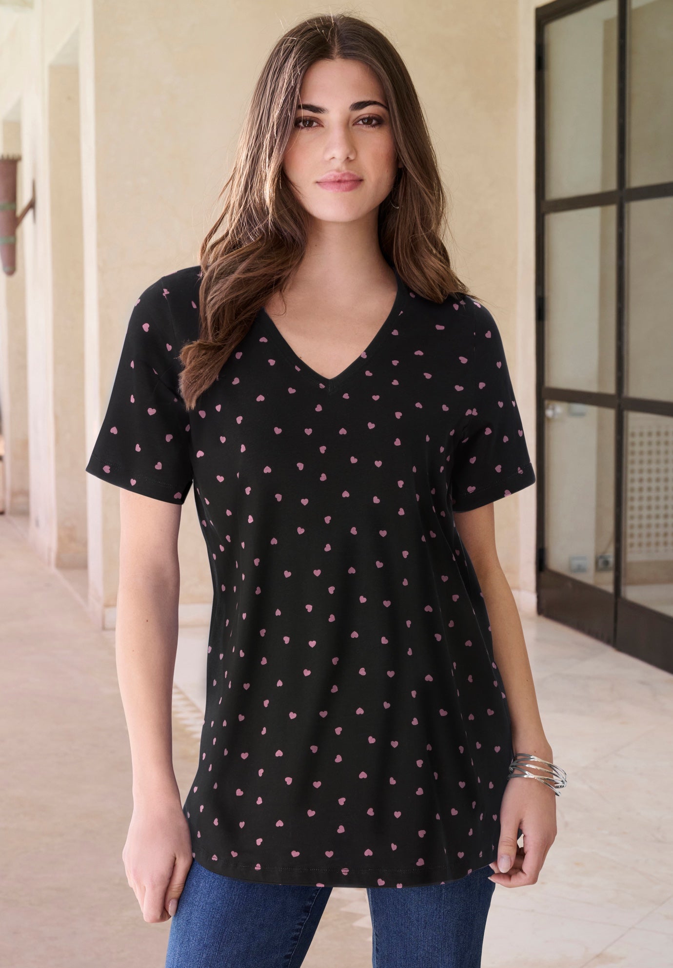 Plus Size Women's Plus Size Cotton Ultimate V-Neck Tee by Roaman's in Pink Mini Hearts (Size 1X) 100% Cotton T-Shirt