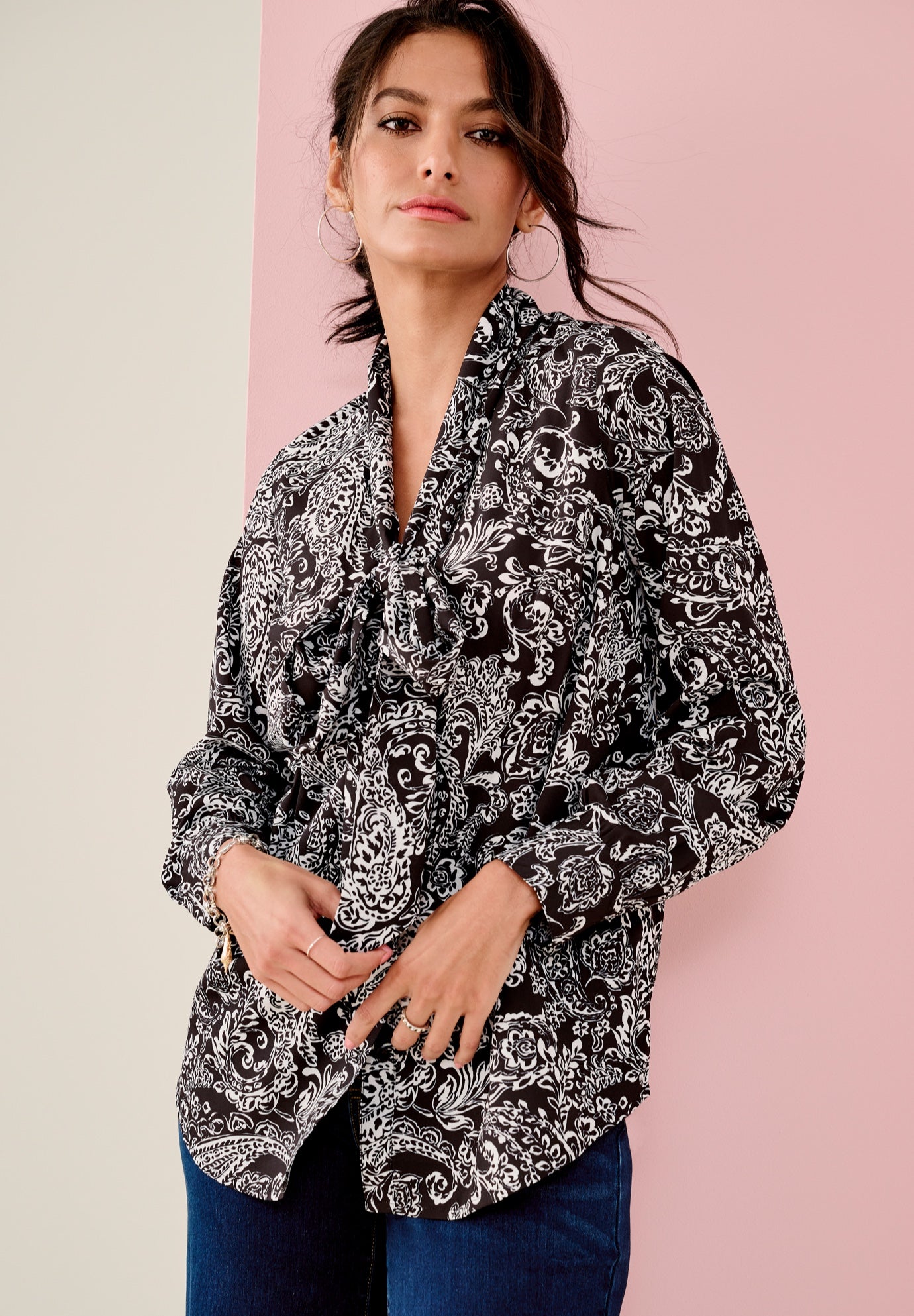 Plus Size Women's Long Sleeve Bow Blouse by Roaman's in Black Ivory Paisley (Size 12 W)